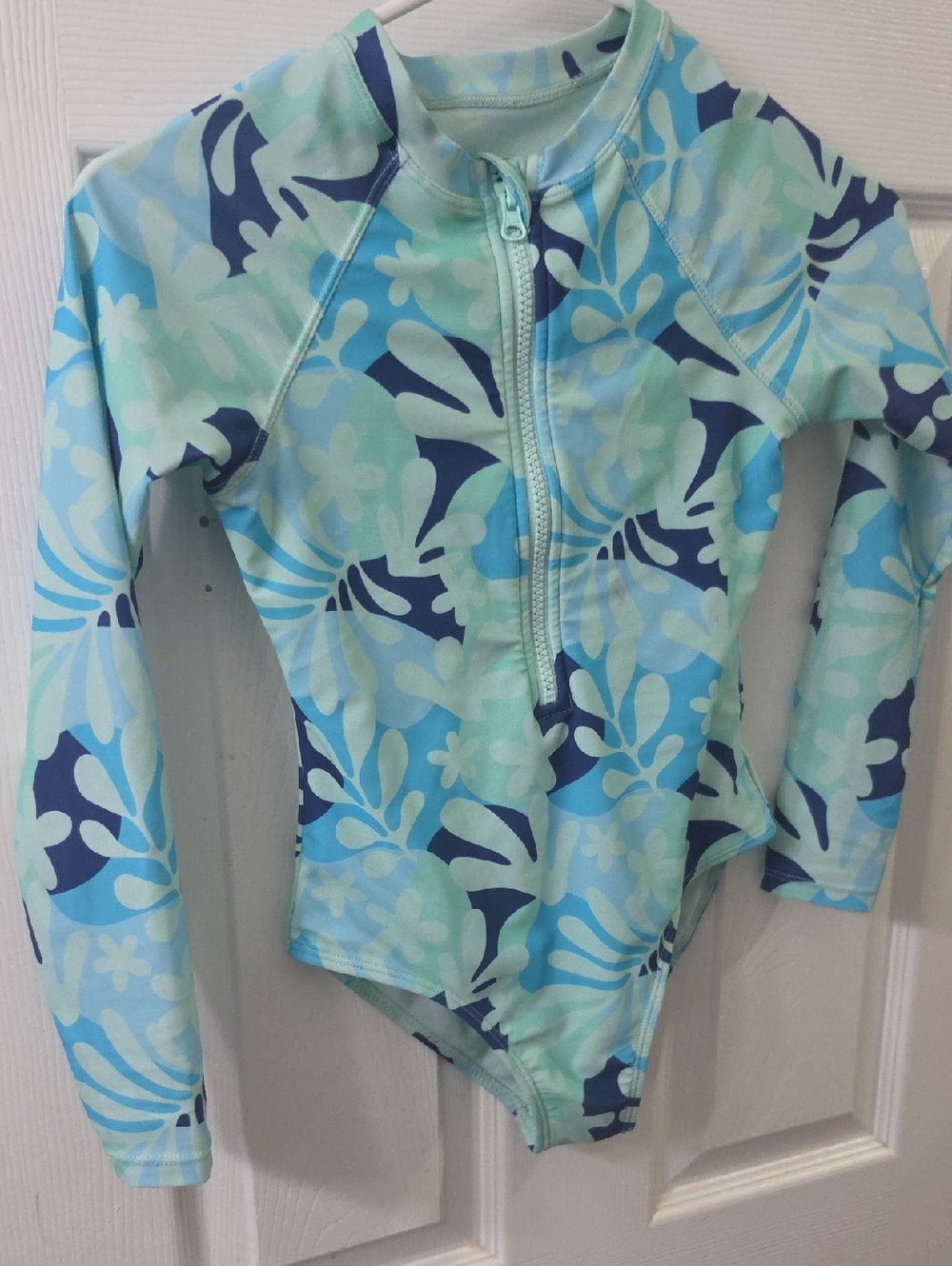 Girls Long Sleeve One-Piece Rash Guard Swimsuit - Light Blue Floral